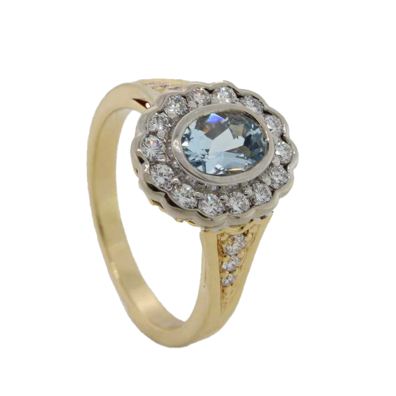 18 Carat Yellow & White Gold  Aquamarine Diamond Halo Dress Ring