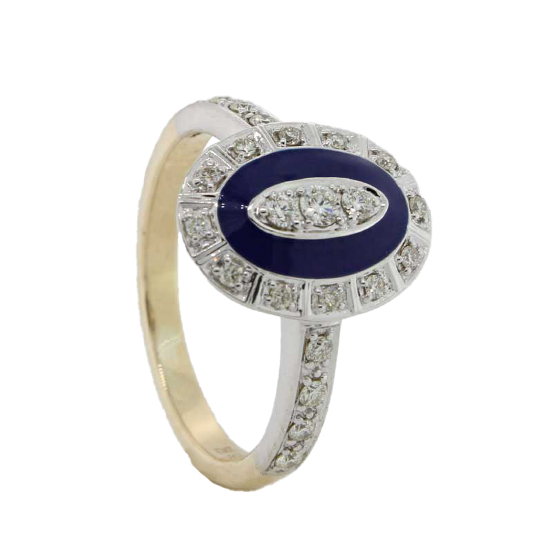 9 Carat Yellow & White Gold Diamond Blue Enamel Oval Anqtique Style Dress Ring