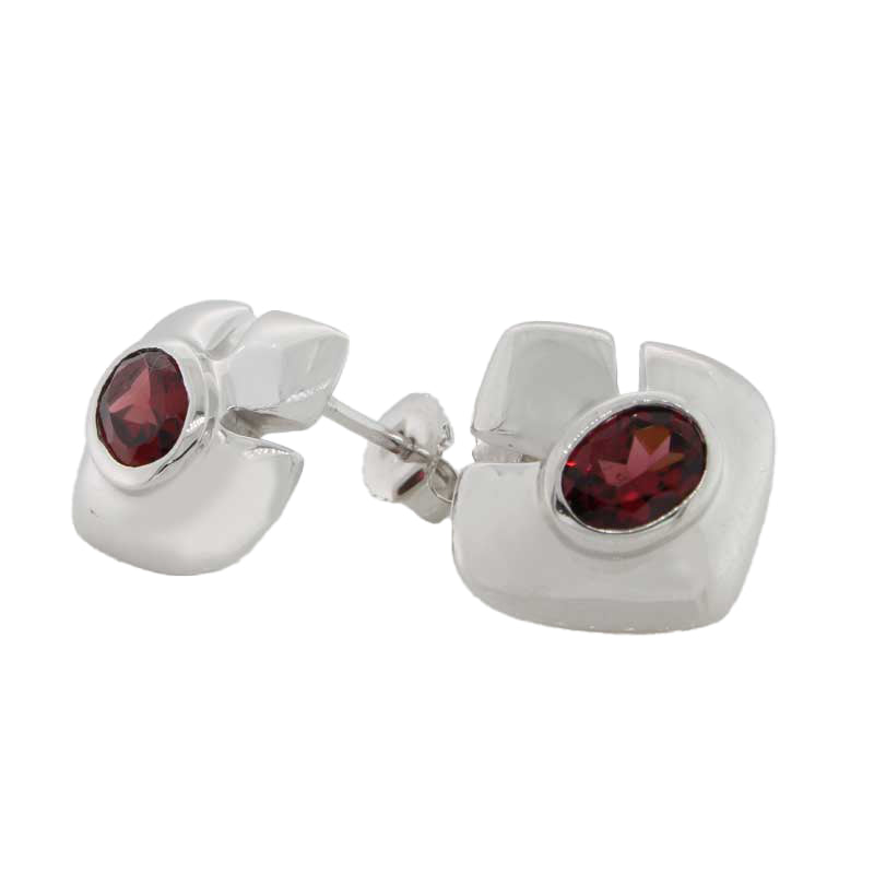 Sterling Silver Rodium Garnet Abstract Flower Stud Earrings