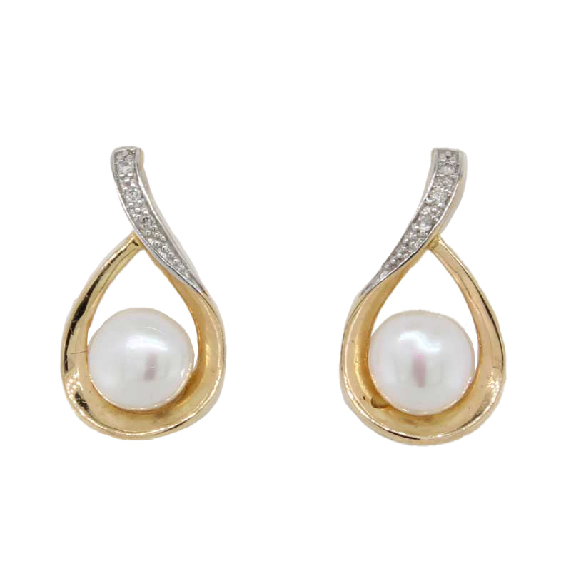 9 Carat Yellow Gold Fresh Water Pearl & Diamond Drop Studs