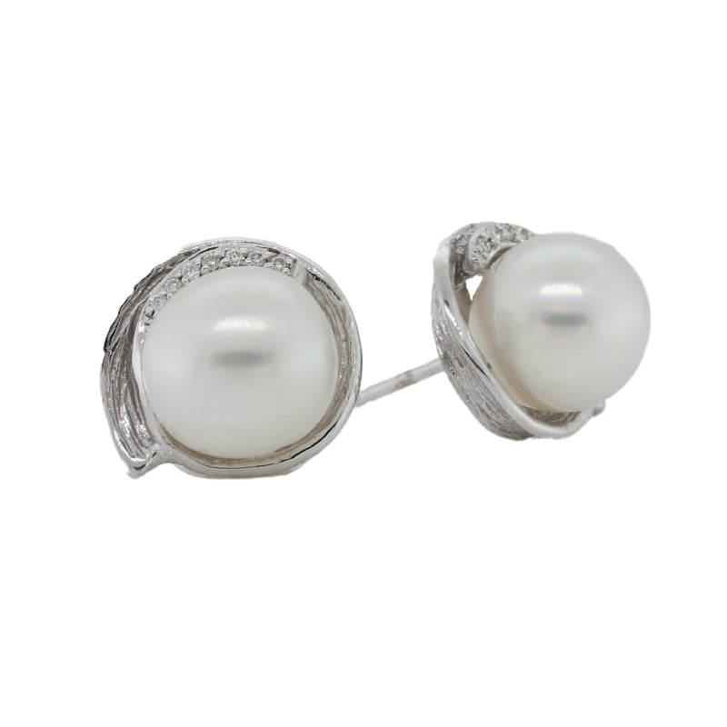 18 carat White Gold Diamond 14=0.07ct H/SI Pave Swirl Studs with 10-10.5mm Sth Sea Pearls A+