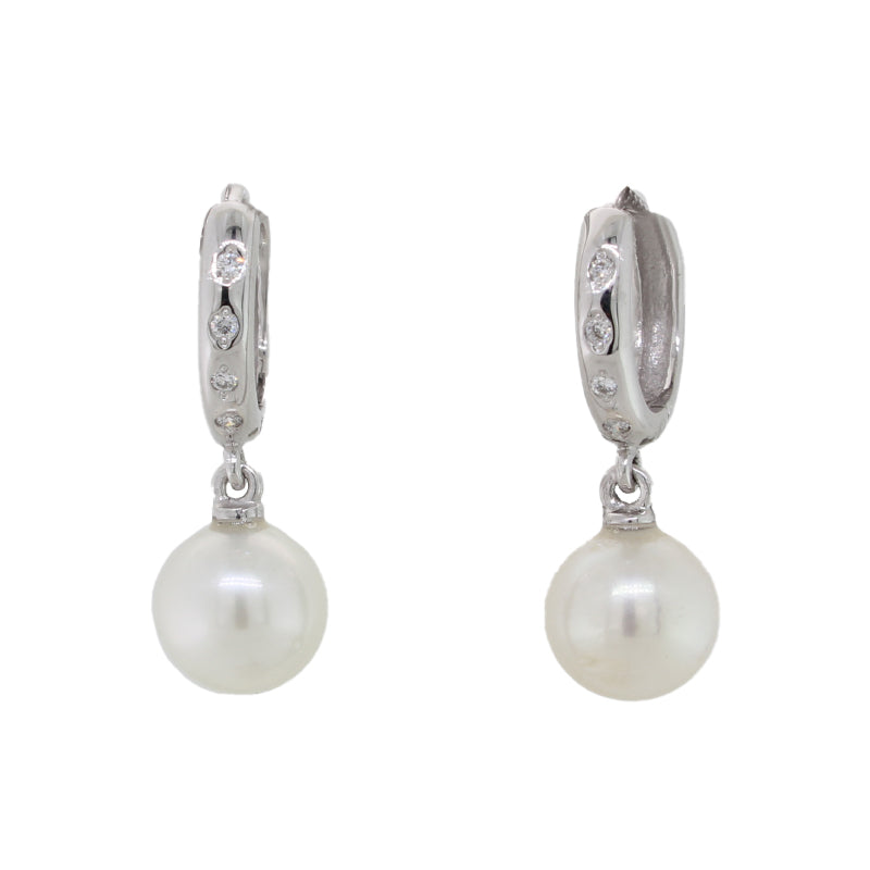 9 Carat White Gold Diamond 8=0.08ct G/SI Huggie 7.5mm to 8mm AA Grade South Sea Pearl Earrings