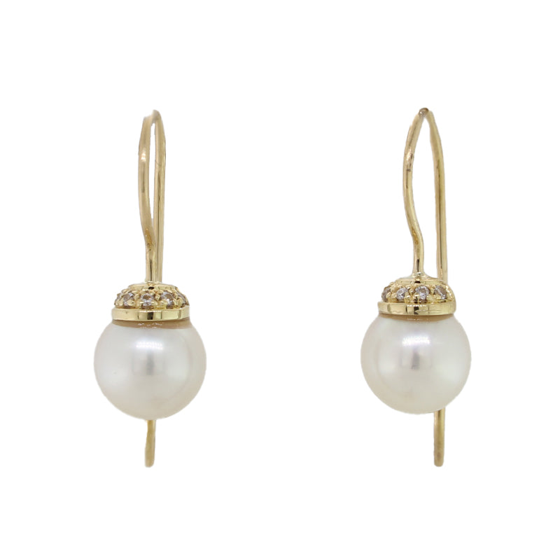 18 Carat Yellow Gold Diamond 12=0.06ct H/SI  7 to 7.5mm Akoya Pearl  AAA Shepherd Hook Earrings