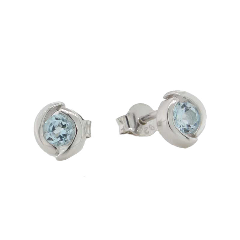 Sterling Silver 4mm Round Blue Topaz Semi Bezel Set Stud Earrings