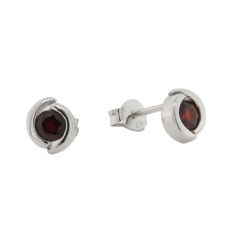 Sterling Silver 4mm Garnet Round Semi Bezel Set Stud Earrings