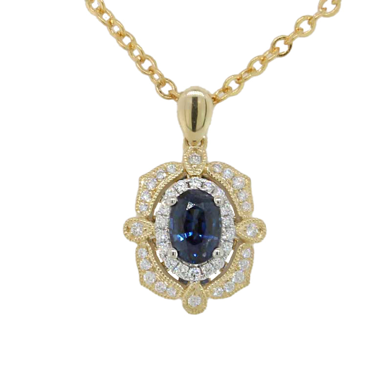 9 Carat Yellow & White Gold Vintage Style Australian Sapphire & Diamond Halo Pendant