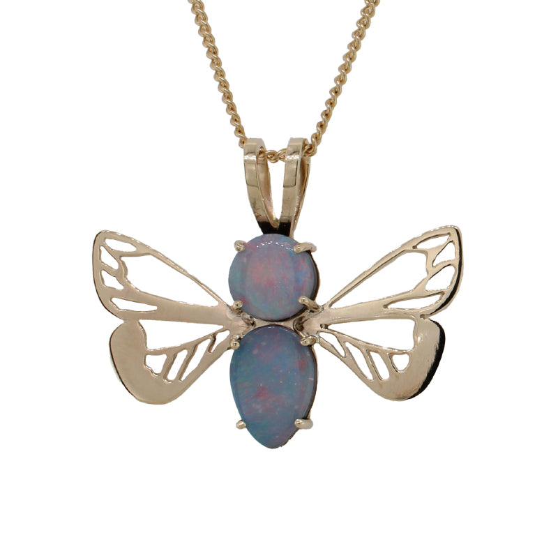 9 Carat Yellow Gold Handmade Opal Doublet Pink Purple Blue Butterfly Pendant