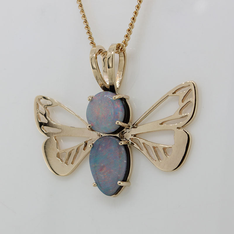 9 Carat Yellow Gold Handmade Opal Doublet Pink Purple Blue Butterfly Pendant