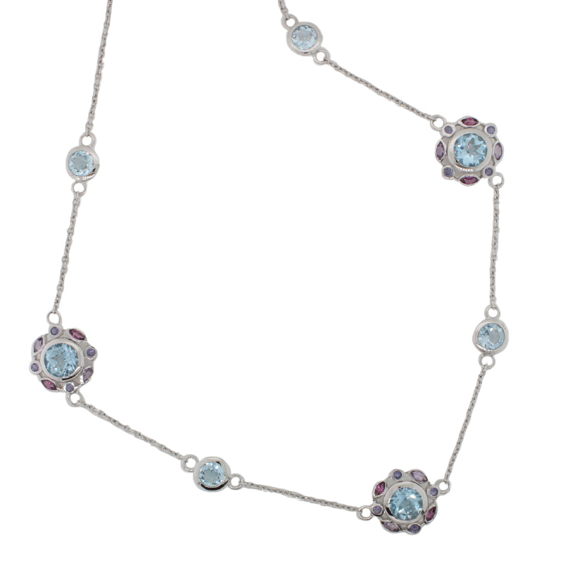 SS RH Blue Topaz Pink Tourmaline Iolite Necklace