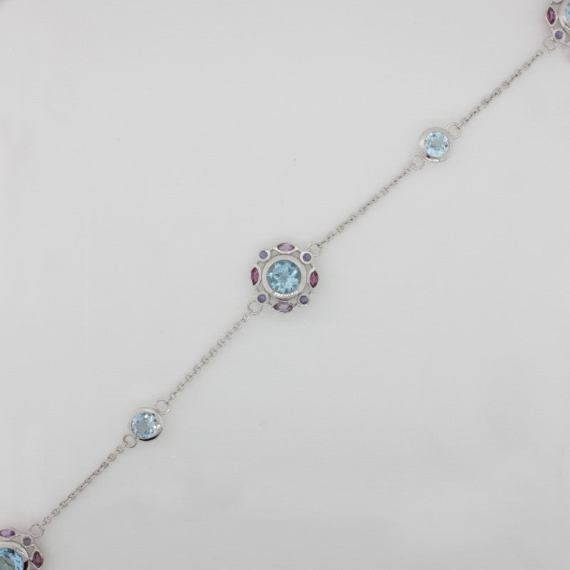 SS RH Blue Topaz Pink Tourmaline Iolite Necklace