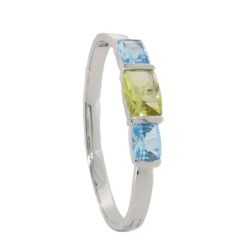 Sterling Silver Rhodium Plated Lemon Citrine & Blue Topaz Hinged Bangle