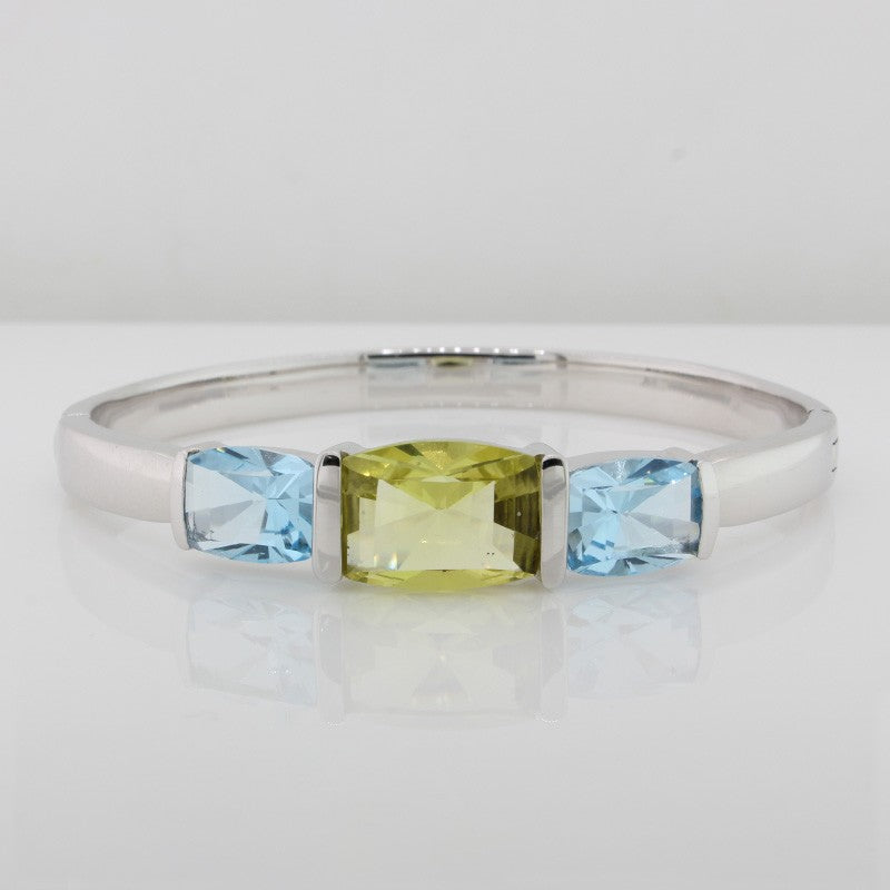 Sterling Silver Rhodium Plated Lemon Citrine & Blue Topaz Hinged Bangle