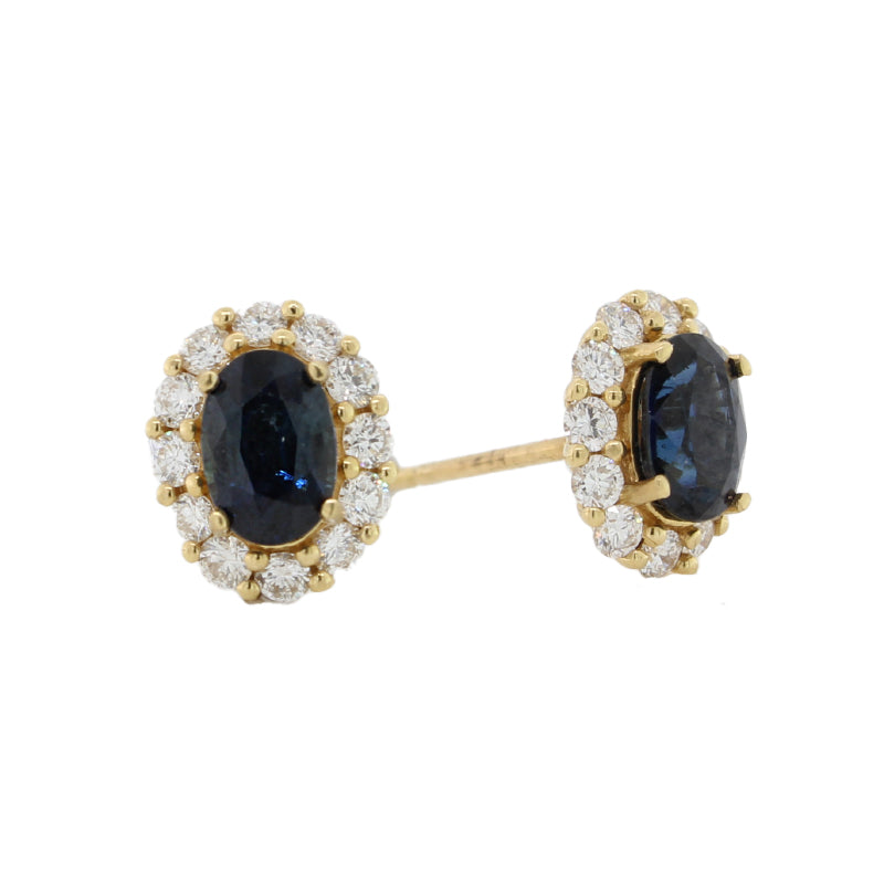 18 Carat Yellow Gold Australian Sapphire 1.33ct & Diamond Halo 0.45ct Stud Earrings