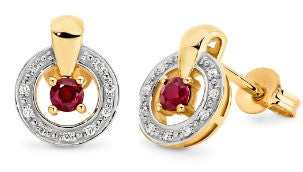 9 Carat Yellow Gold 3mm Ruby Diamond .36ct Earrings