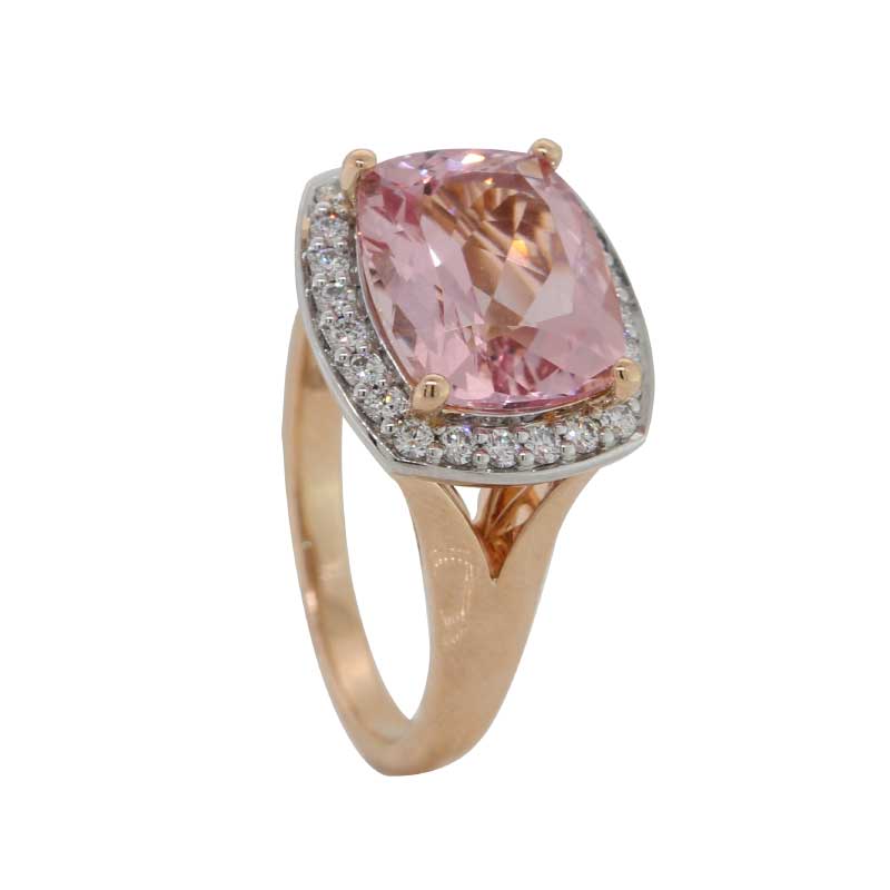 18 Carat Rose & White Gold Ring with Morganite Madagascar Long Cushion Checkerboard Cut 3.75ct  & Diamond Halo 