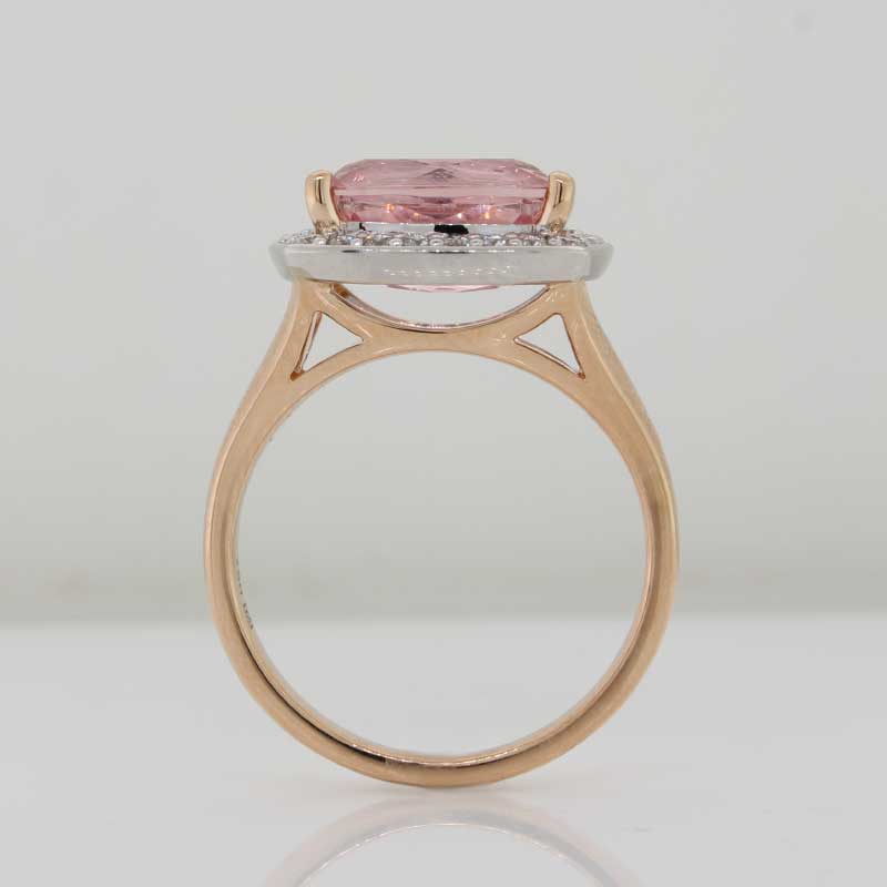 18 Carat Rose & White Gold Ring with Morganite Madagascar Long Cushion Checkerboard Cut 3.75ct  & Diamond Halo 