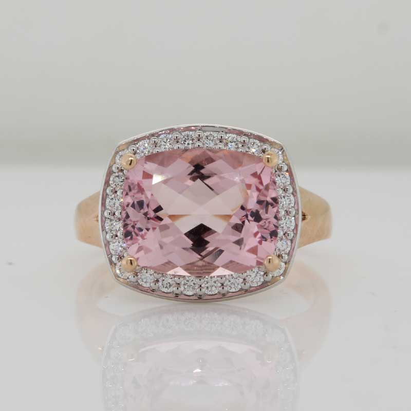 18 Carat Rose & White Gold Ring with Morganite Madagascar Long Cushion Checkerboard Cut 3.75ct  & Diamond Halo 