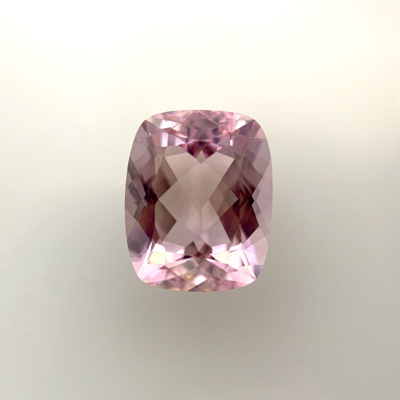 18 Carat Rose & White Gold Ring with Morganite Madagascar Long Cushion Checkerboard Cut 3.75ct  & Diamond Halo 