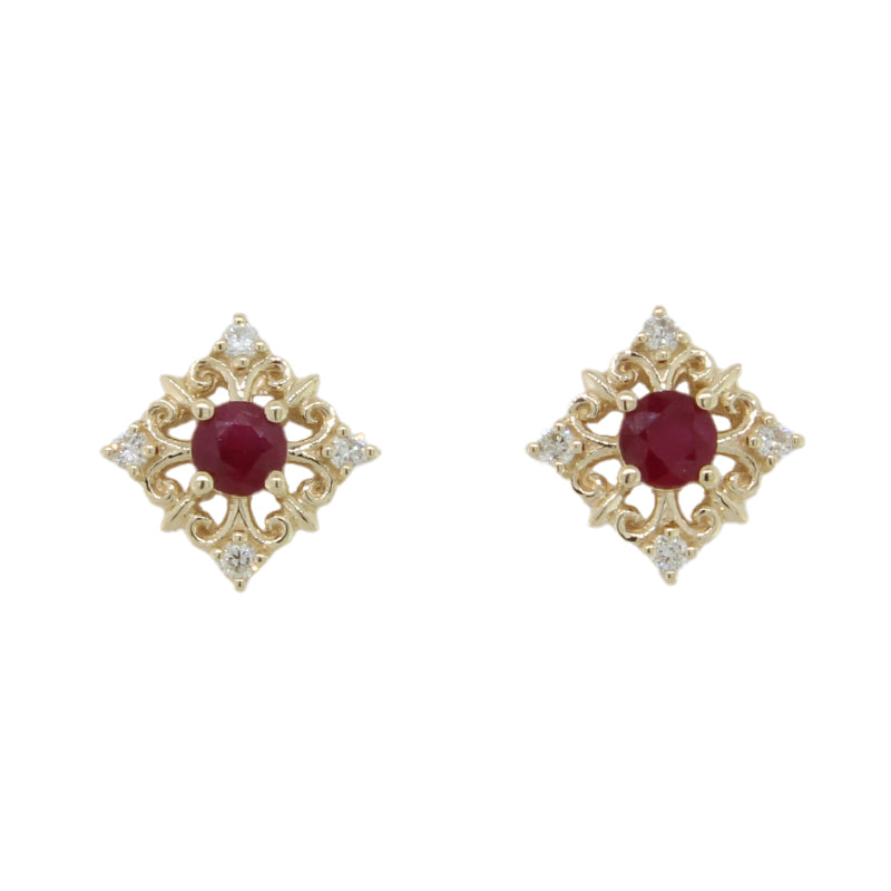 9 Carat Yellow Gold Ruby & Diamond Filagree Earrings