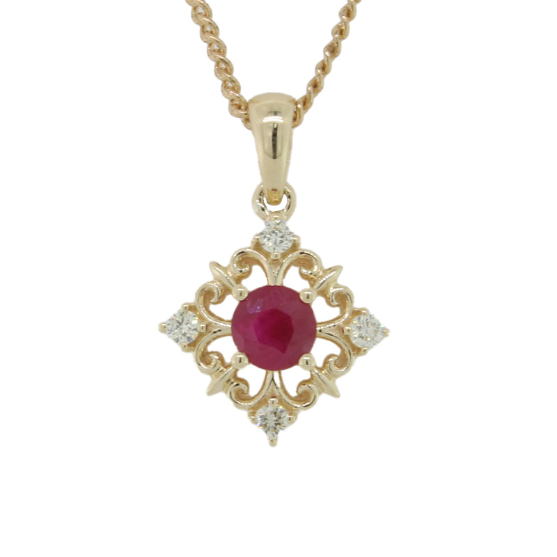 9 Carat Yellow Gold Ruby & Diamond Filigree Pendant