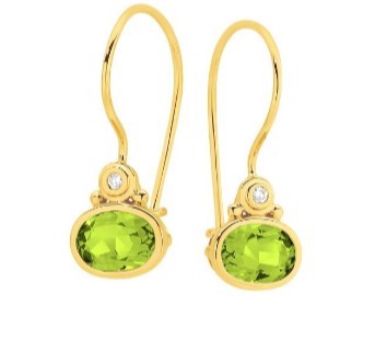 9 carat Yellow Gold Peridot 7x5mm Oval Bezel Set & Diamond Earrings