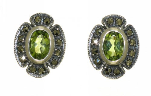 Sterling Silver Peridot & Marcasite Stud Earrings