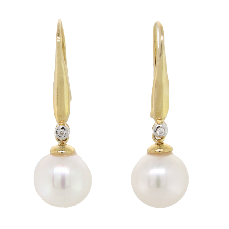 9 Carat Yellow Gold Freshwater Pearl White 10-10.5mm & Diamond Drop Earrings