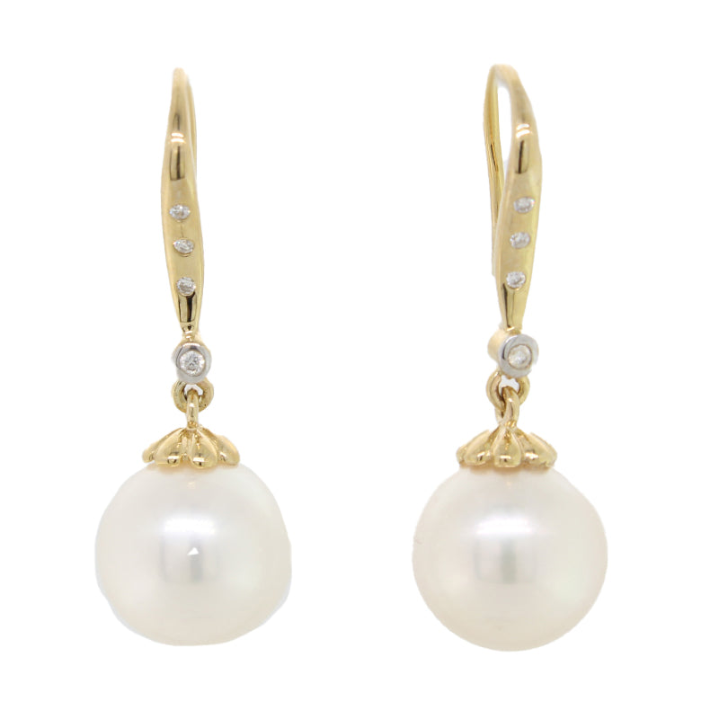 9 Carat Yellow Gold Freshwater Pearl White 10-10.5mm & Diamond Drop Earrings