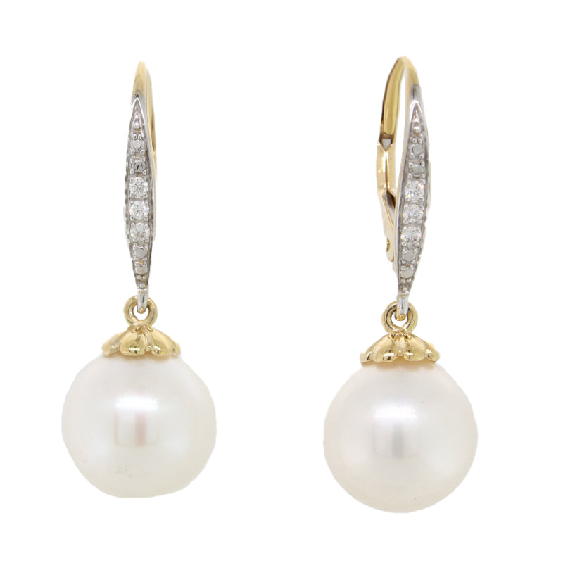 9 Carat Yellow Gold Freshwater Pearl White 10-10.5mm & Diamond Drop Earrings