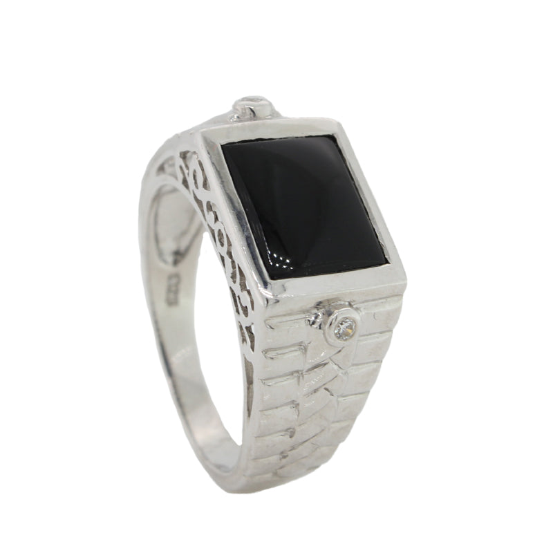 Sterling Silver 10x8mm Onyx & CZ Gents Ring