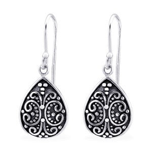 Sterling Silver Oxidised Patterned Teardrop Shepherd Hook Earrings