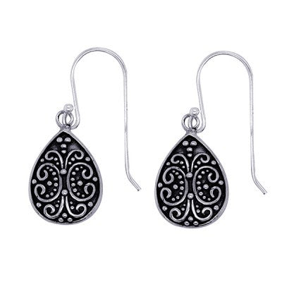 Sterling Silver Oxidised Patterned Teardrop Shepherd Hook Earrings