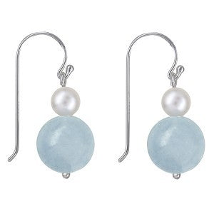 Sterling Silver Freshwater Pearl & Aquamarine Shepherd's Hook Earrings