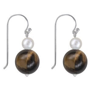 Sterling Silver Freshwater Pearl & Tiger Eye Shepherd Hook Earrings