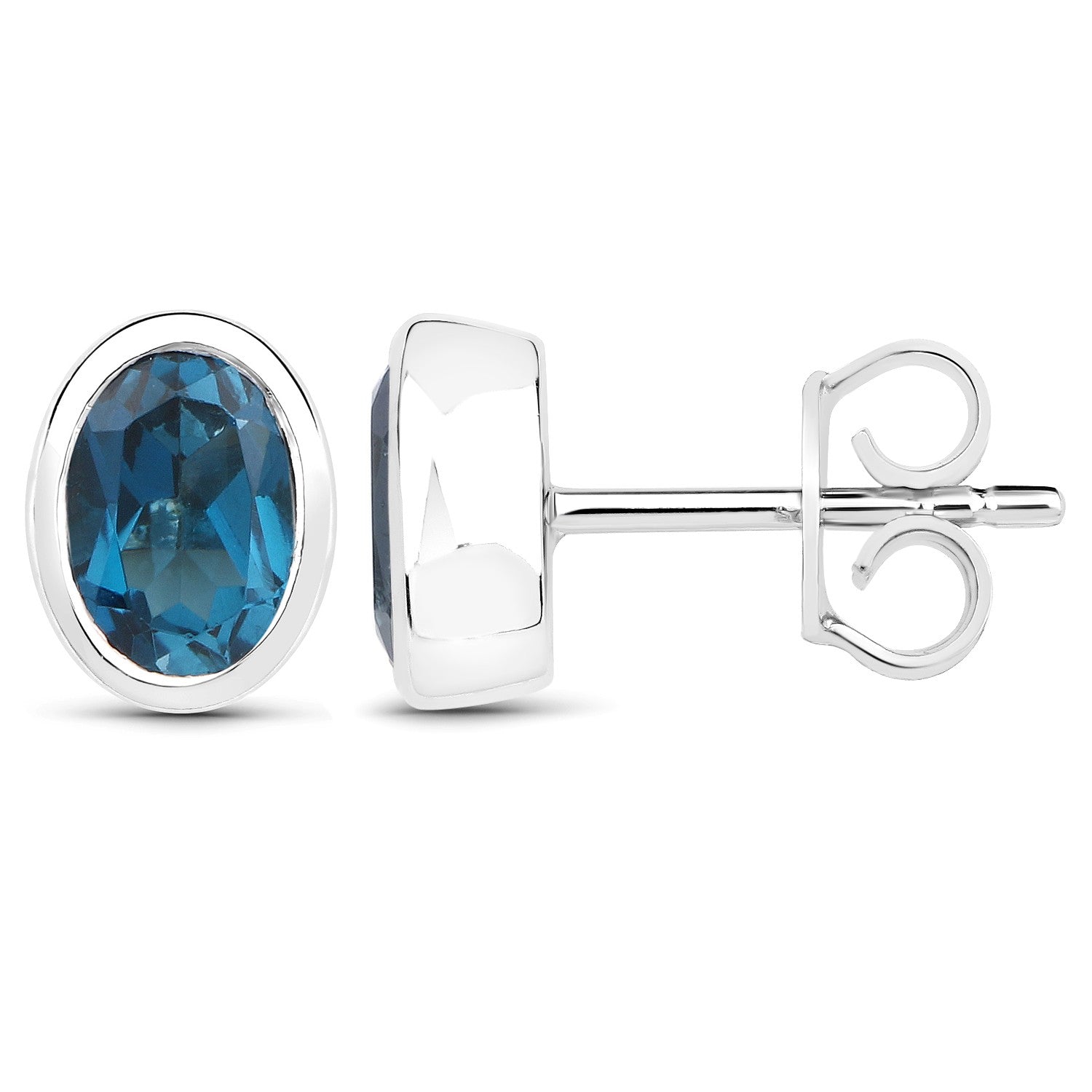 9 carat White Gold 7x5mm Oval London Blue Topaz Bezel Set Stud Earrings