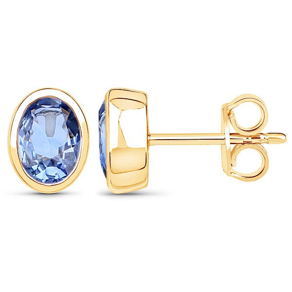 9 carat Yellow Gold 7x5mm Oval Ceylon Sapphire Bezel Set Stud Earrings