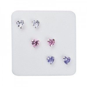 Sterling Silver 4mm Heart Cubic Zirconia Pink/white/Lavender 3 Pair Set Stud Earrings