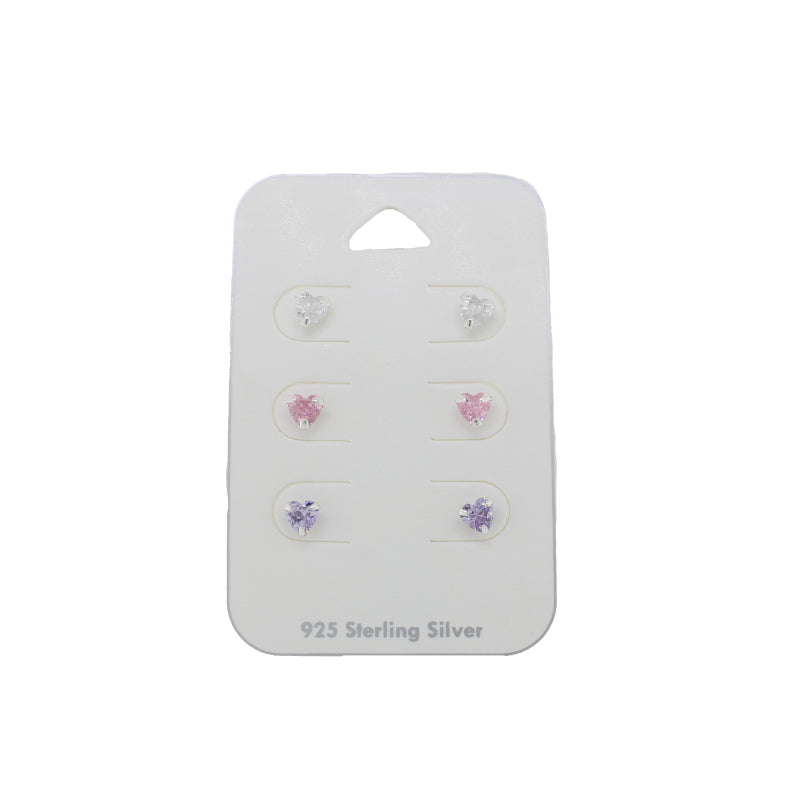 Sterling Silver 4mm Heart Cubic Zirconia Pink/white/Lavender 3 Pair Set Stud Earrings