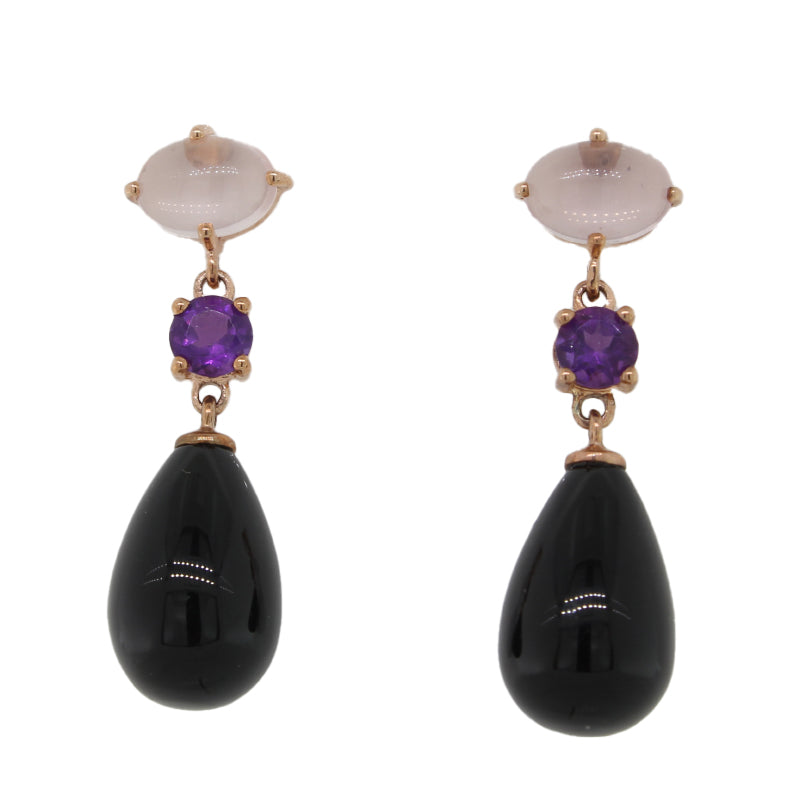 9 carat  Rose Gold  Rose Qtz, Amethyst & Onyx Stud Drop Earrings