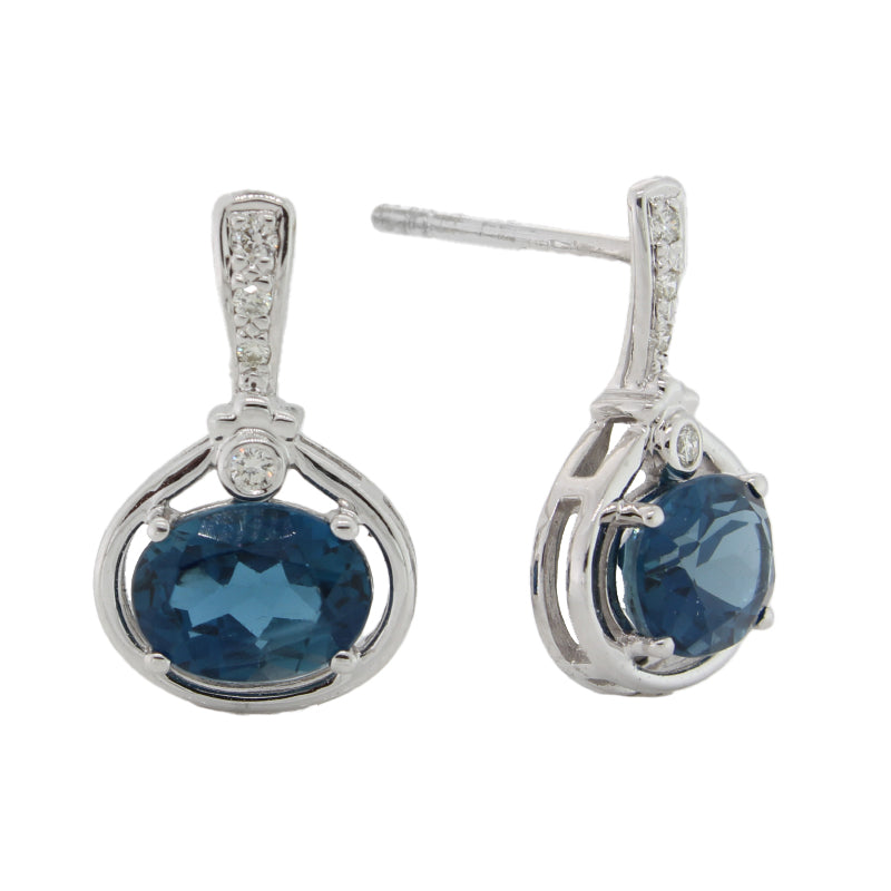 9 Carat White Gold London Blue Topaz & Diamond Stud Drop Earrings