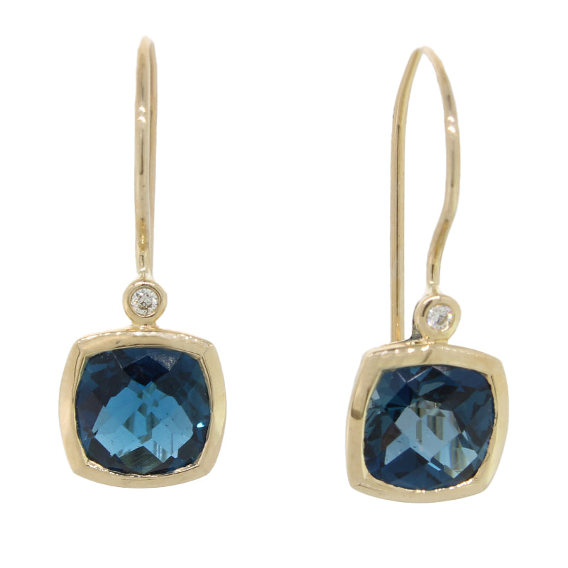 9 carat Yellow Gold London Blue Topaz & Diamond S/Hook Drop Earrings