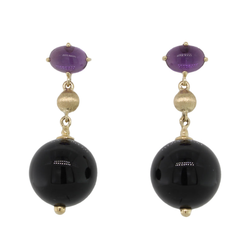 9 carat Yellow Gold Amethyst & Onyx Drop Stud Earrings