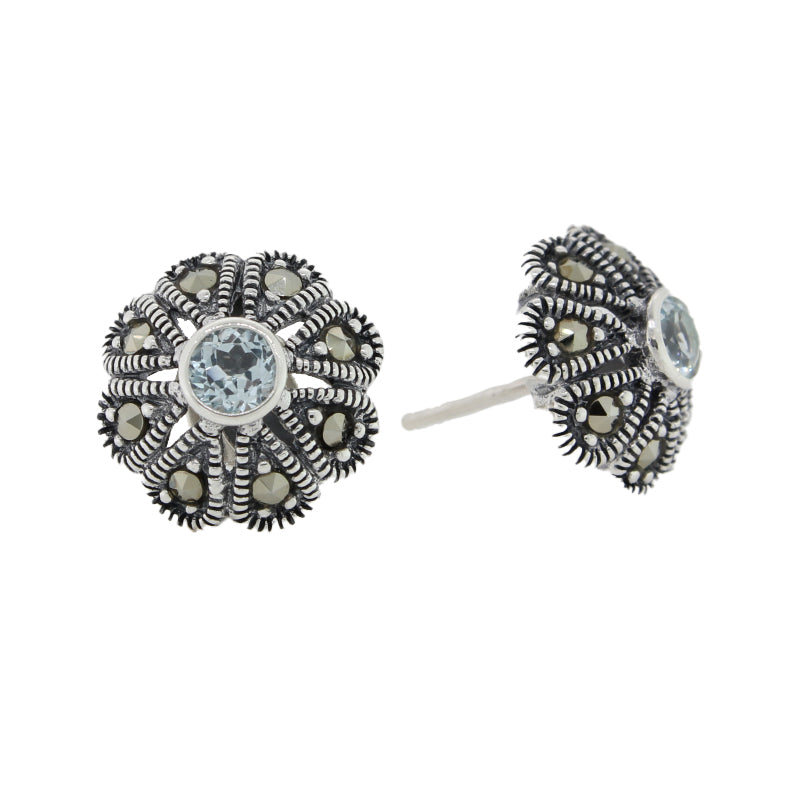 Sterling Silver Blue Topaz & Marcasite Stud Earrings