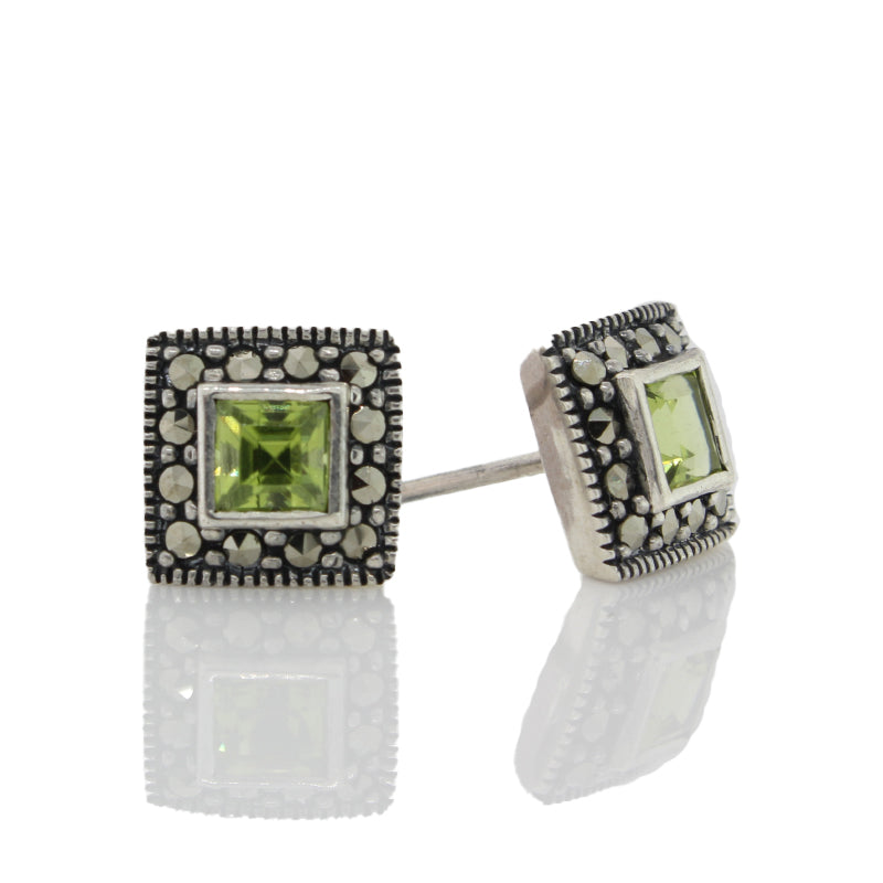 Sterling Silver Peridot & Marcasite Stud Earrings