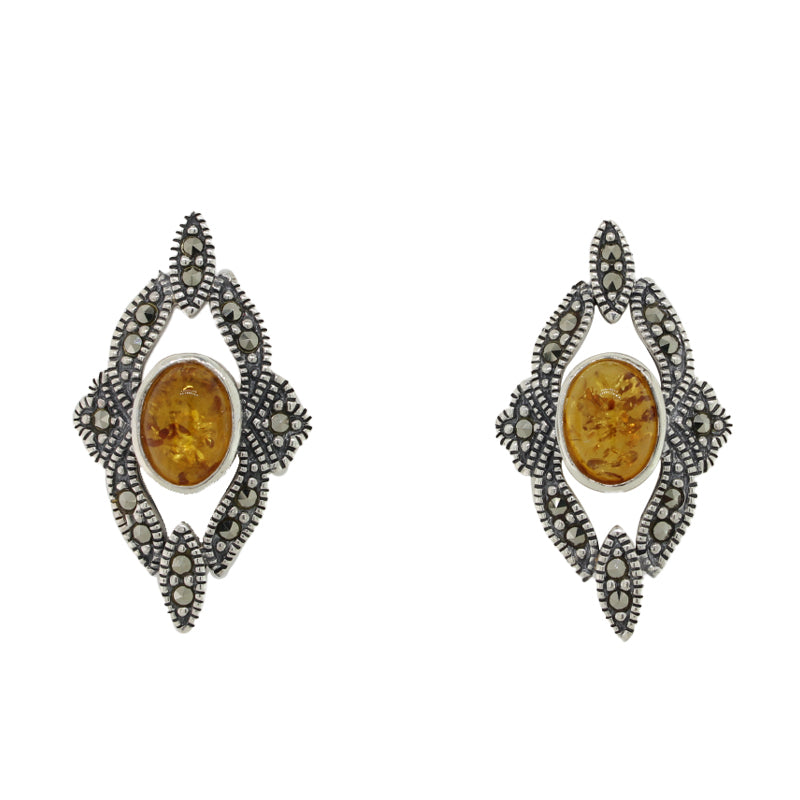 Sterling Silver Amber & Marcasite Stud Earrings