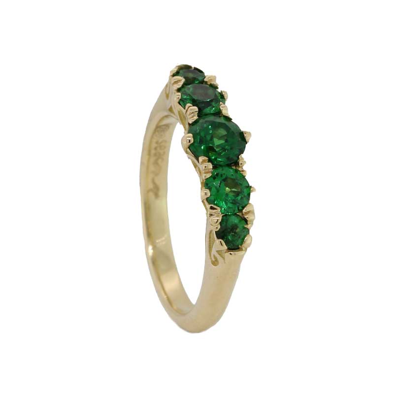 18 Carat Yellow Gold London Bridge Ring, Set with 5 Round  Tsavorite Garnets = 1.35ct, size N1/2 