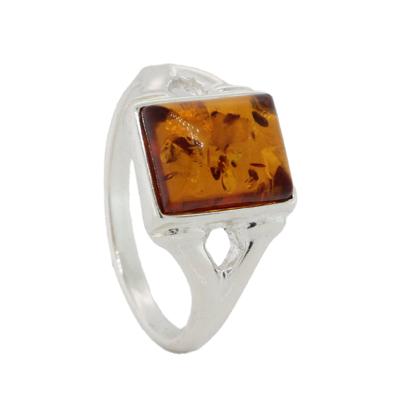 Sterling Silver Rectangle Orange Amber Ring