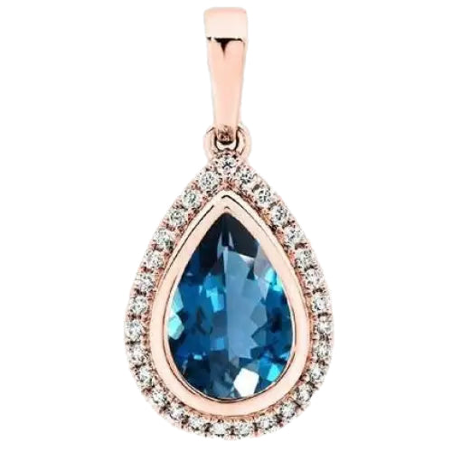 18 Carat Rose Gold Blue Topaz 1.51ct & Diamond 0.10ct Halo Pendant