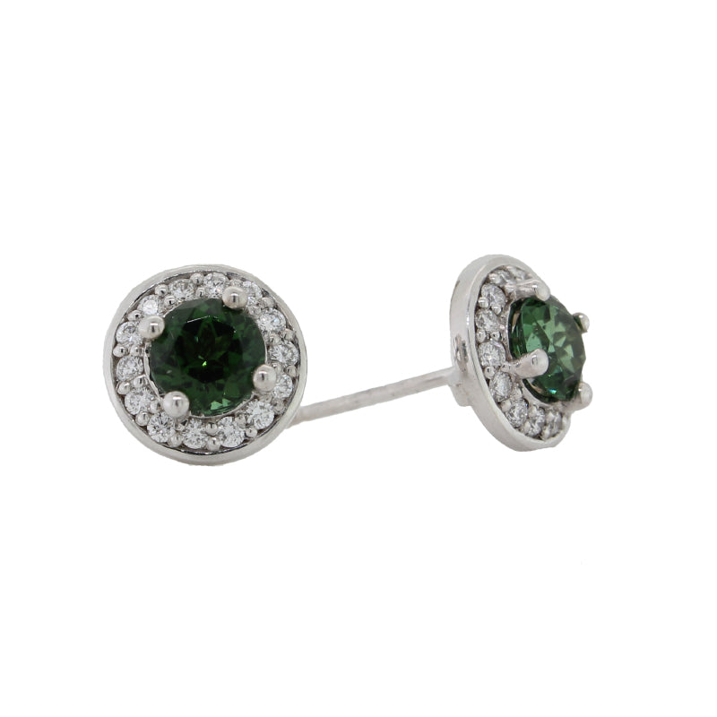 18 Carat White Gold Round Green Tourmaline with Halo Diamonds Stud Earrings