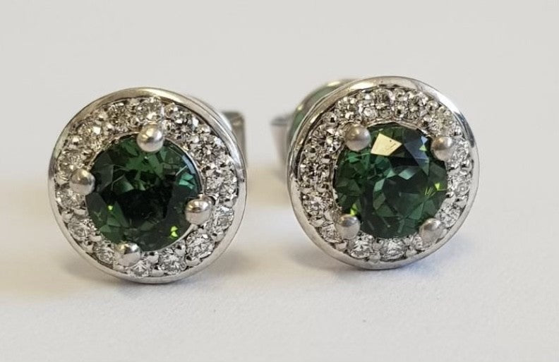 18 Carat White Gold Round Green Tourmaline with Halo Diamonds Stud Earrings